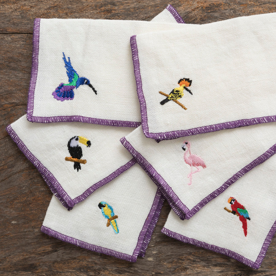 Linen Cocktail Napkins - Tropical Birds