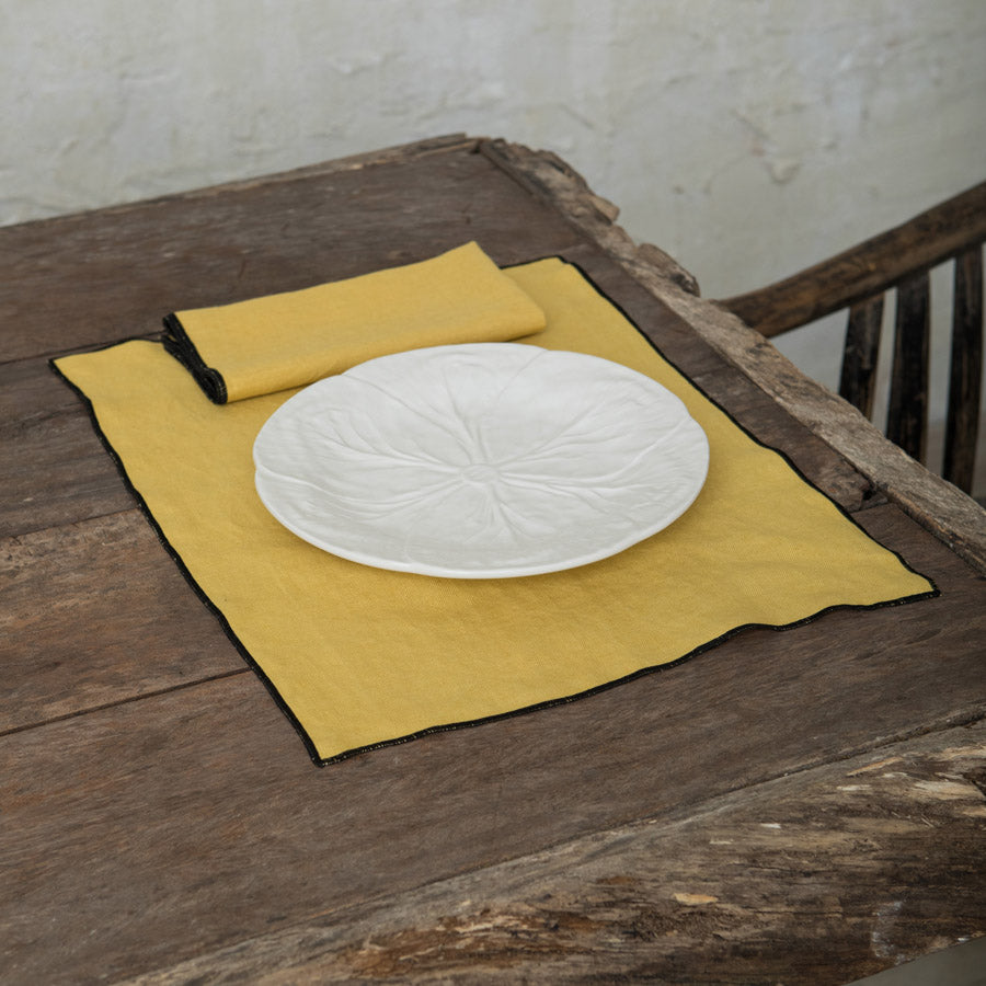 Set of 2 Linen Placemats - Mustard / Black