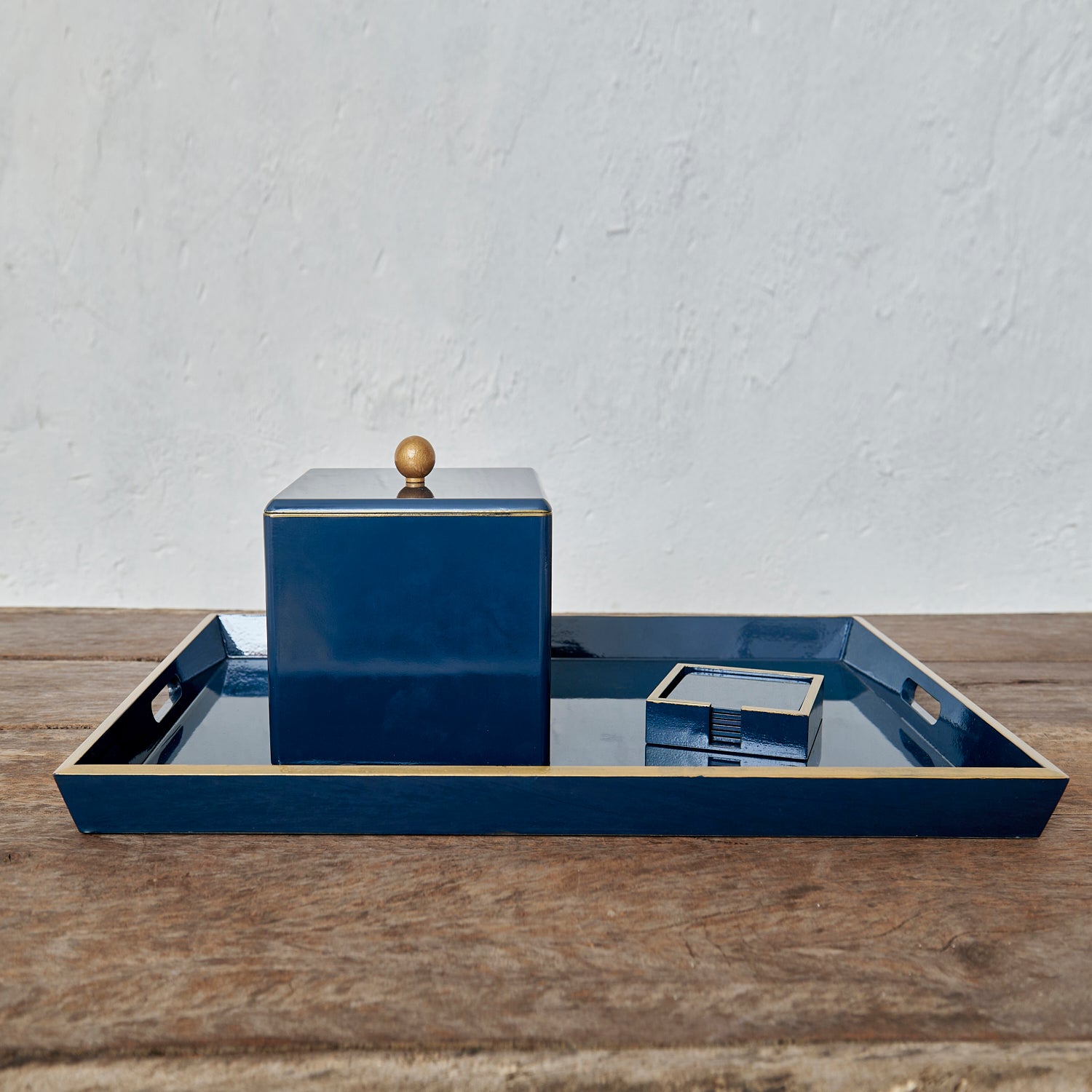 Lacquered Tray, Ice Bucket and Coaster Set - Deep Blue