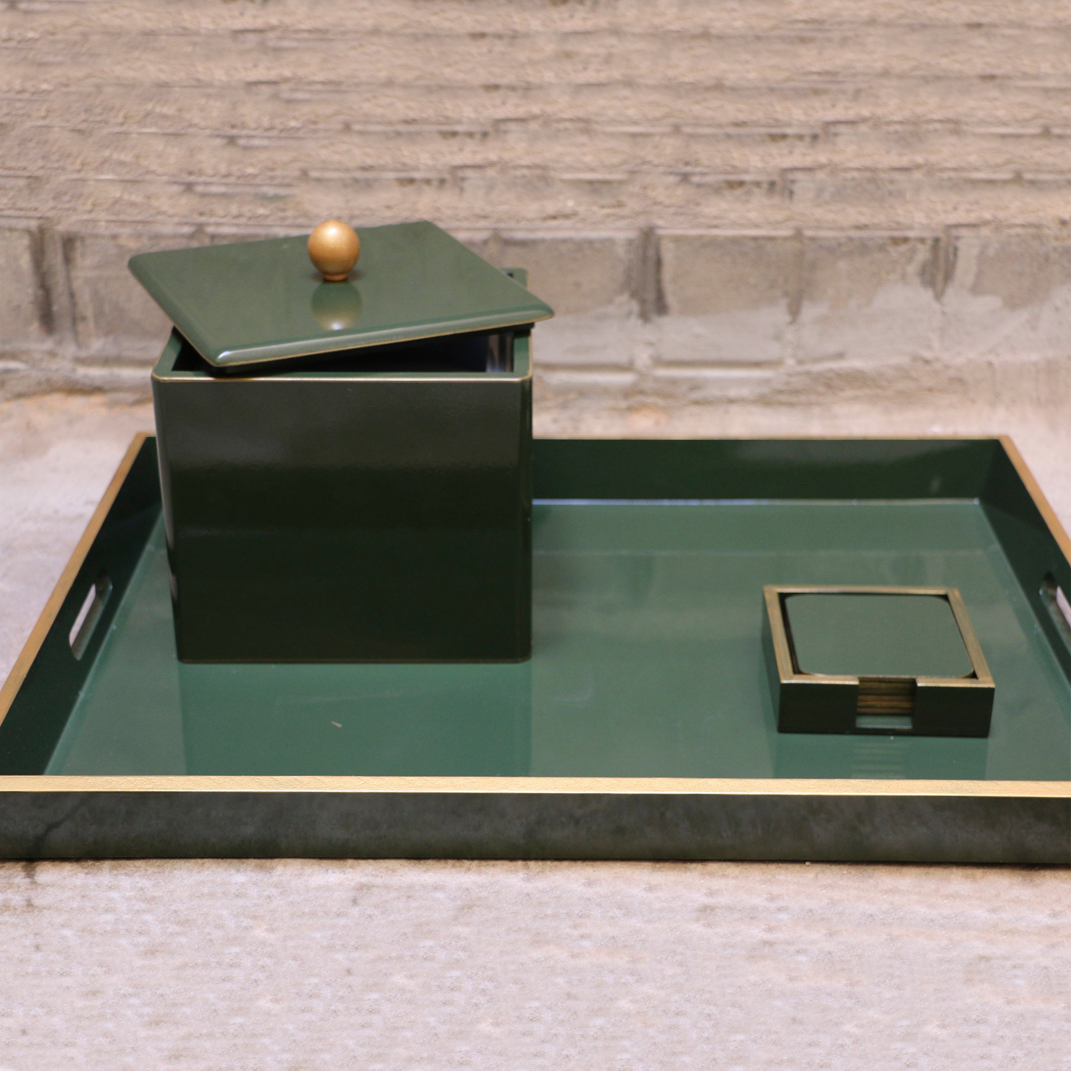 Lacquered Tray, Ice Bucket and Coaster Set - Green