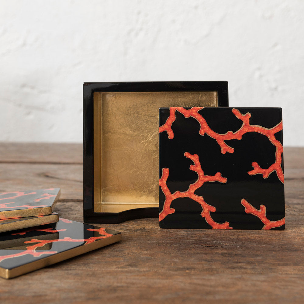 Lacquered Coasters with Coral Print