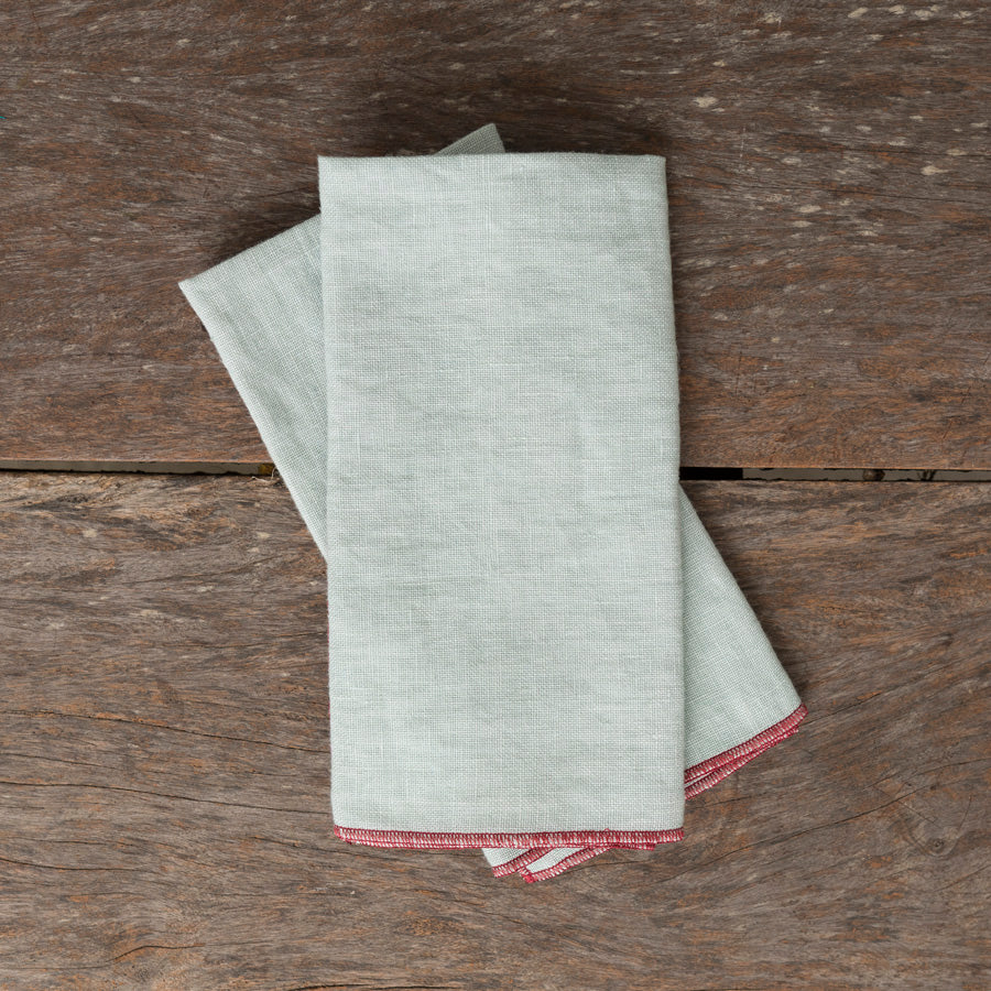 Set of 2 Linen Napkins - Light Blue / Burgundy