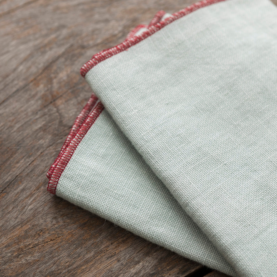 Set of 2 Linen Napkins - Light Blue / Burgundy