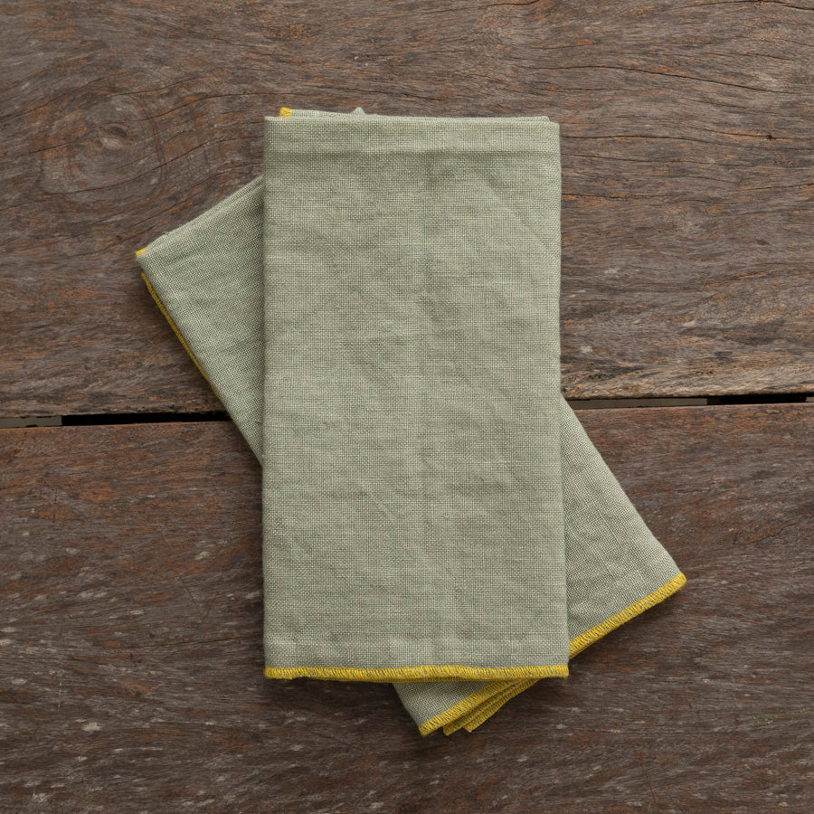 Set of 2 Linen Napkins - Green / Yellow