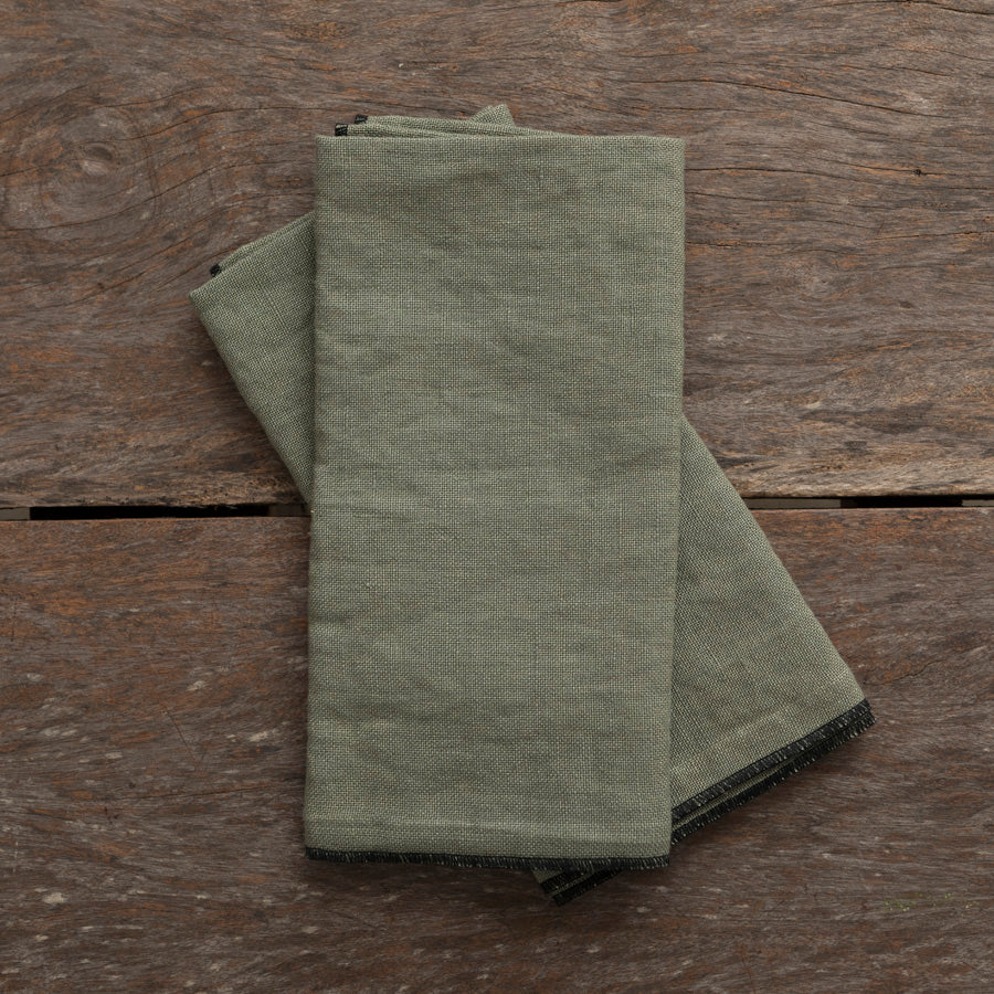 Set of 2 Linen Napkins - Green / Black