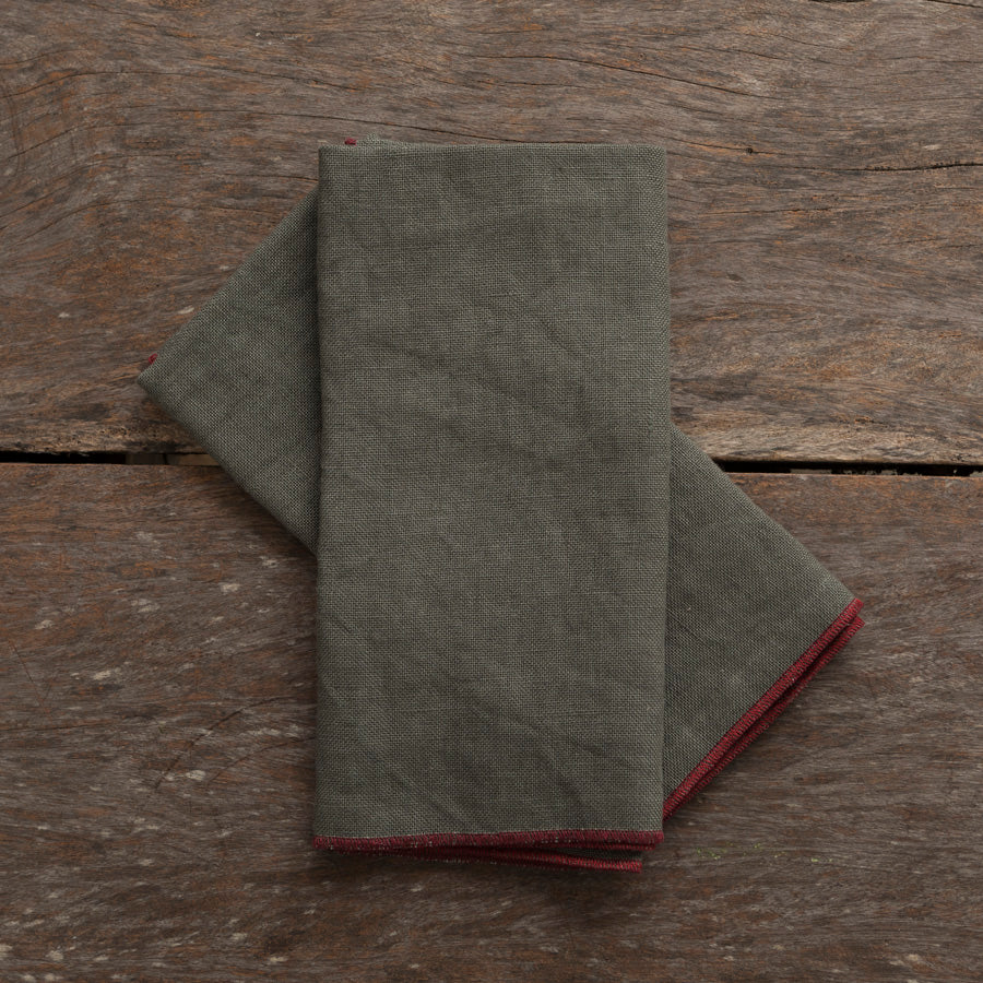 Set of 2 Linen Napkins - Green / Burgundy