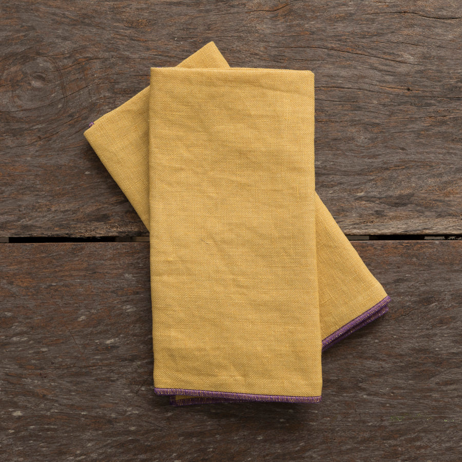 Set of 2 Linen Napkins - Mustard / Purple