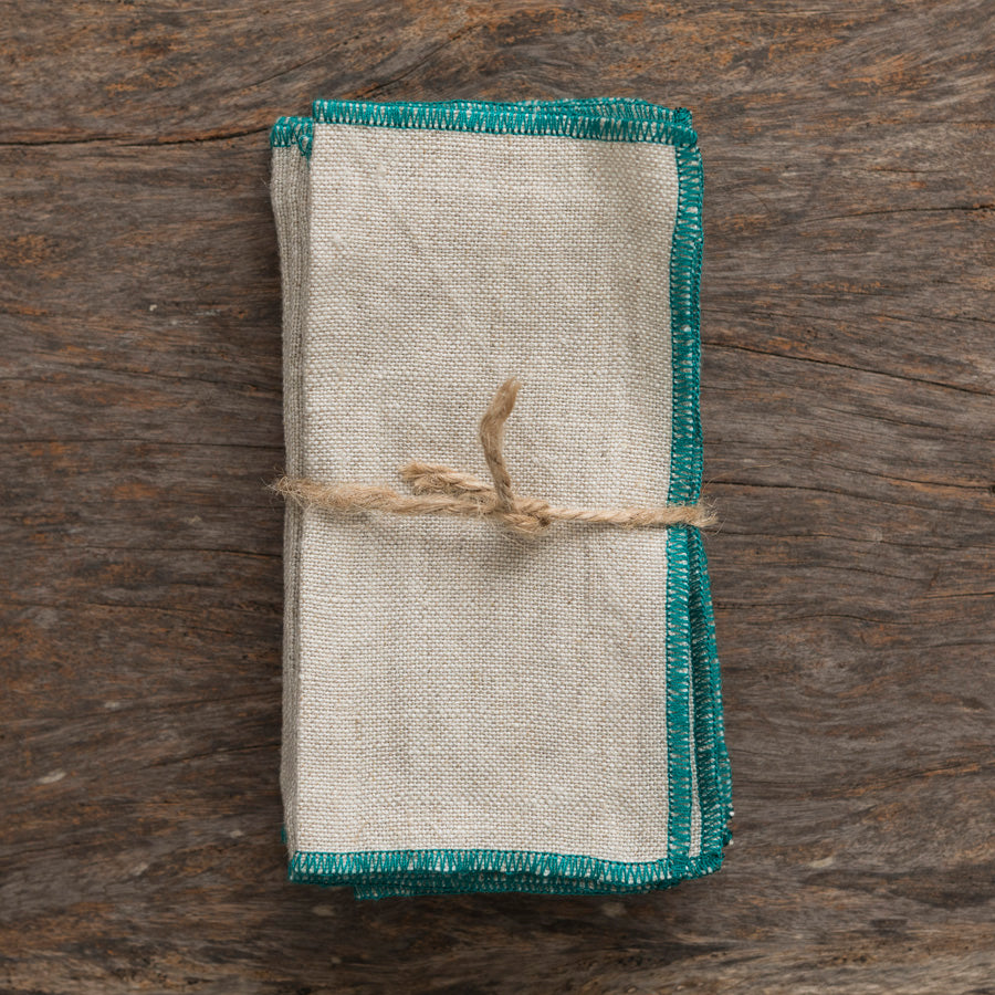 Linen Cocktail Napkins - Beige/Turquoise