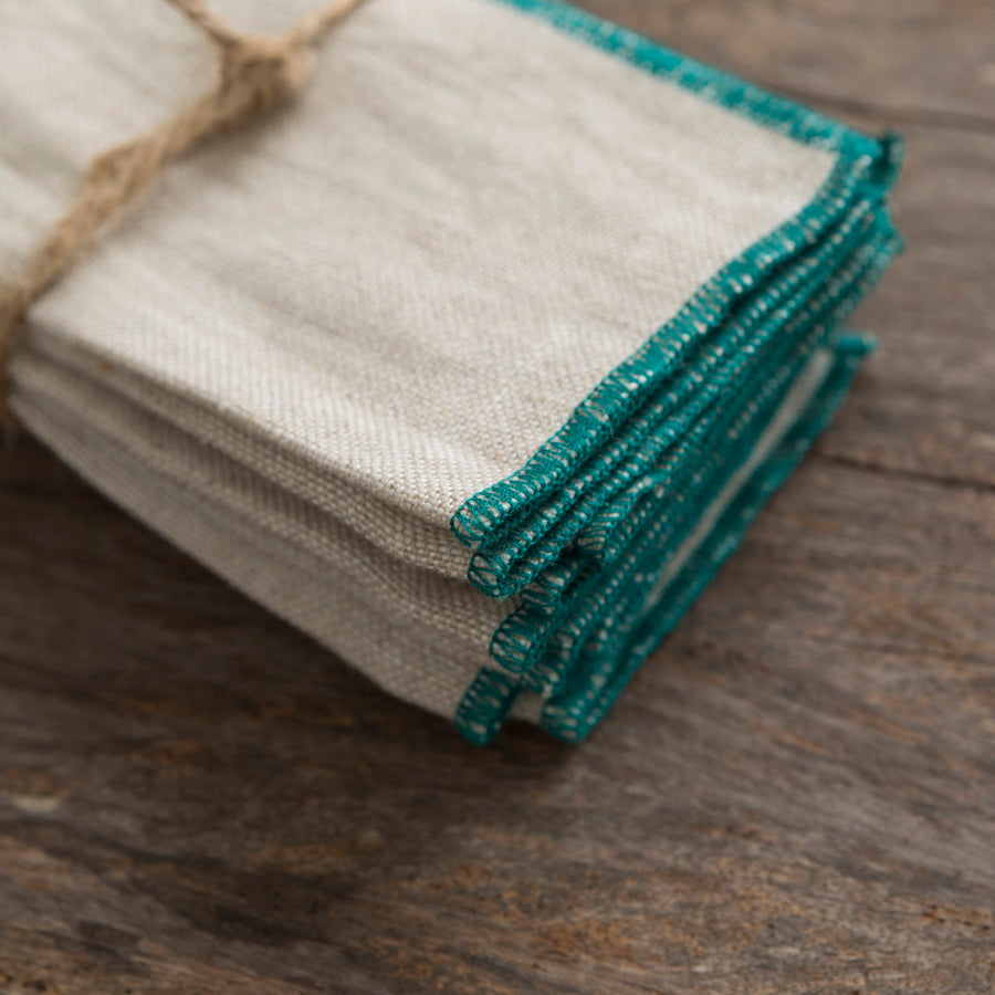 Linen Cocktail Napkins - Beige/Turquoise