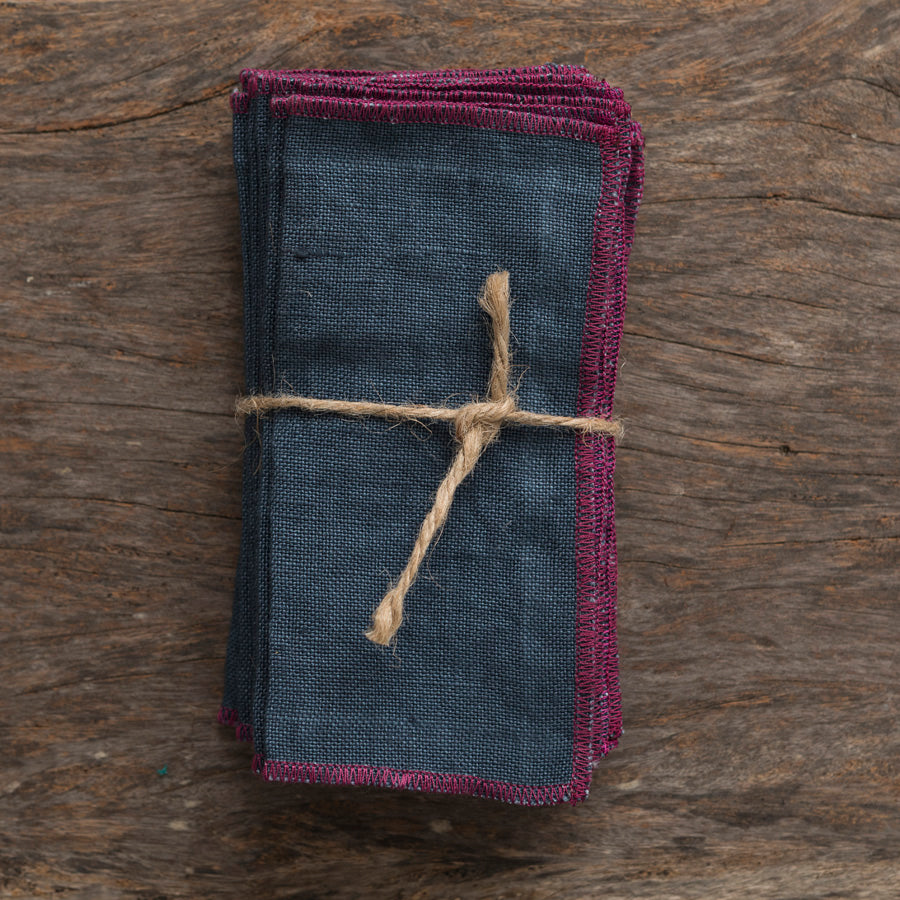 Linen Cocktail Napkins - Navy / Bougainvillea