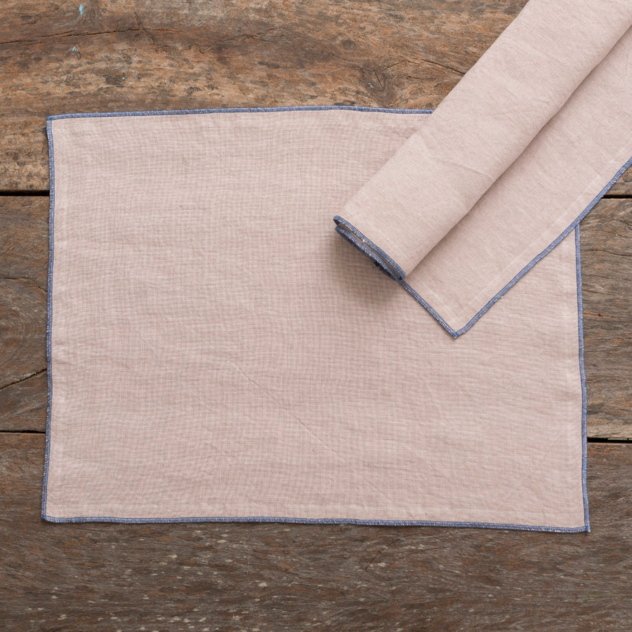 Set of 2 Linen Placemats - Pink / Navy Blue