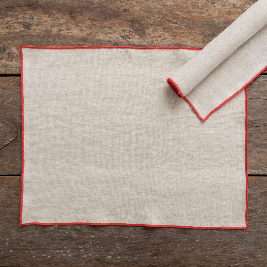 Set of 2 Linen Placemats - Beige / Red