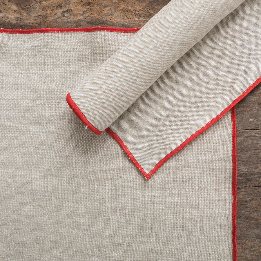 Set of 2 Linen Placemats - Beige / Red