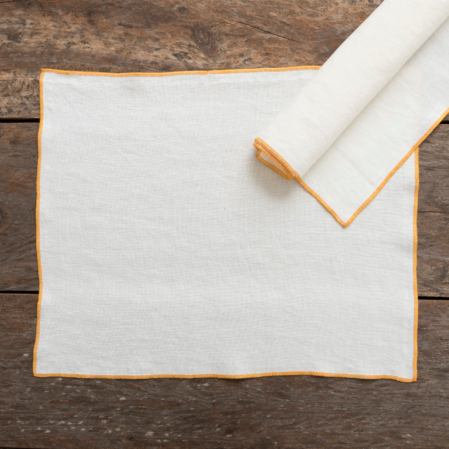 Set of 2 Linen Placemats - White / Mustard