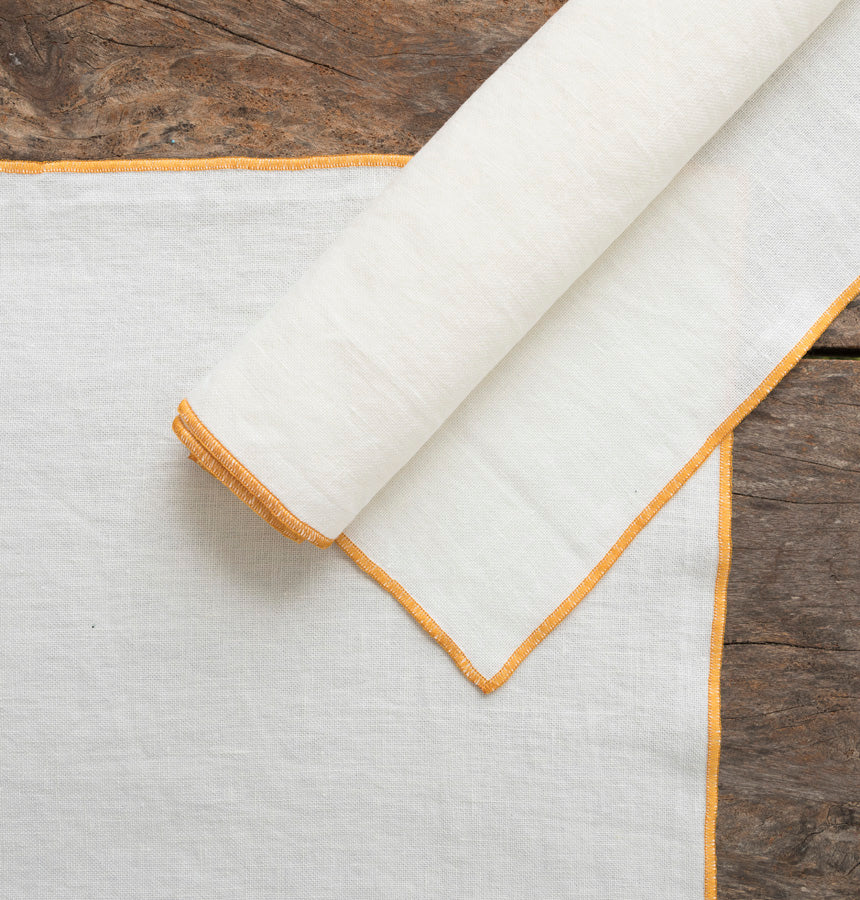 Set of 2 Linen Placemats - White / Mustard