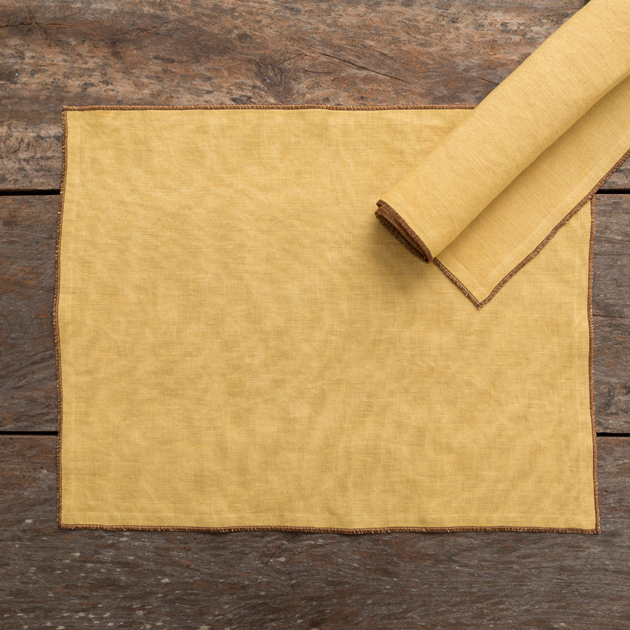 Set of 2 Linen Placemats - Mustard / Brown