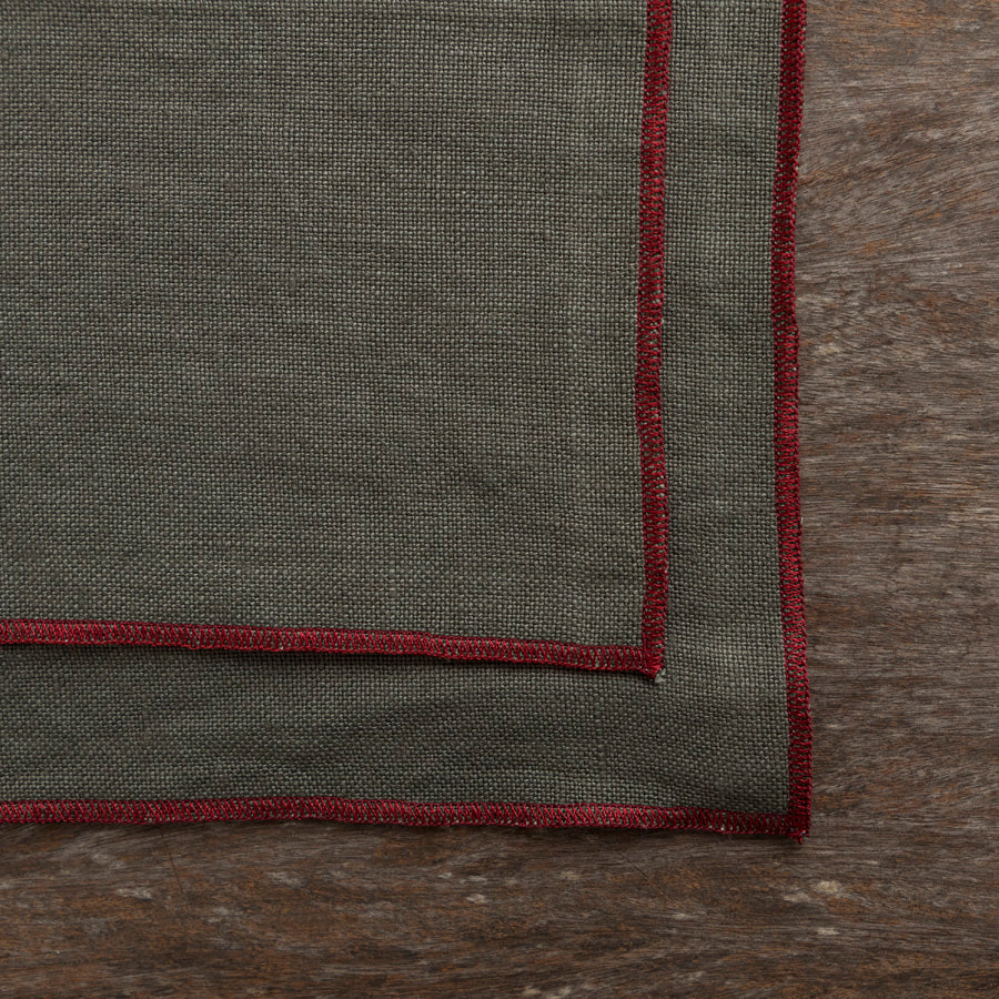 Set of 2 Linen Placemats - Green / Burgundy