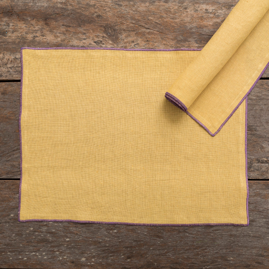 Set of 2 Linen Placemats - Mustard / Purple