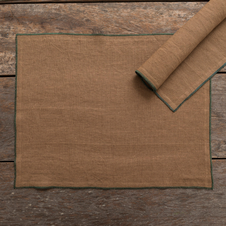 Set of 2 Linen Placemats - Brown / Dark Green