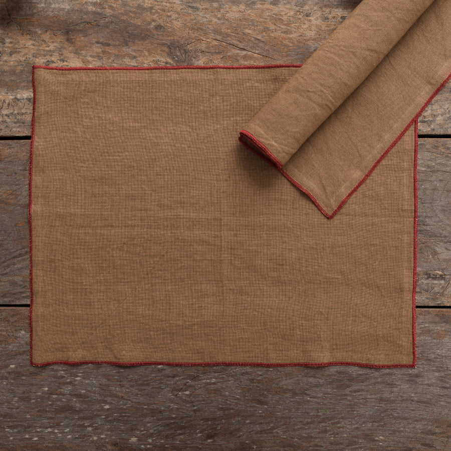 Set of 2 Linen Placemats - Brown / Burgundy