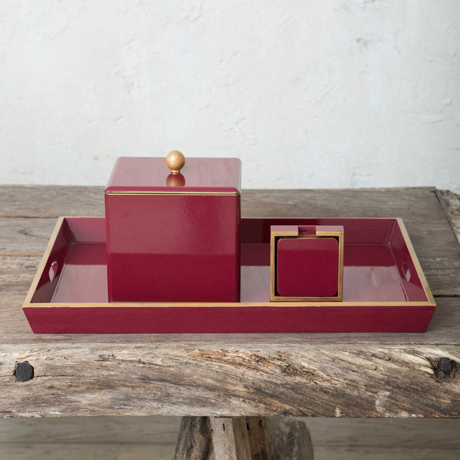Lacquered Tray, Ice Bucket and Coaster Set - Bordeaux