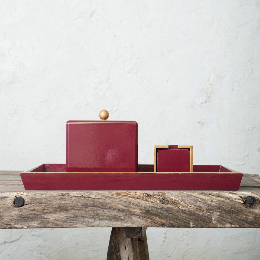 Lacquered Tray, Ice Bucket and Coaster Set - Bordeaux
