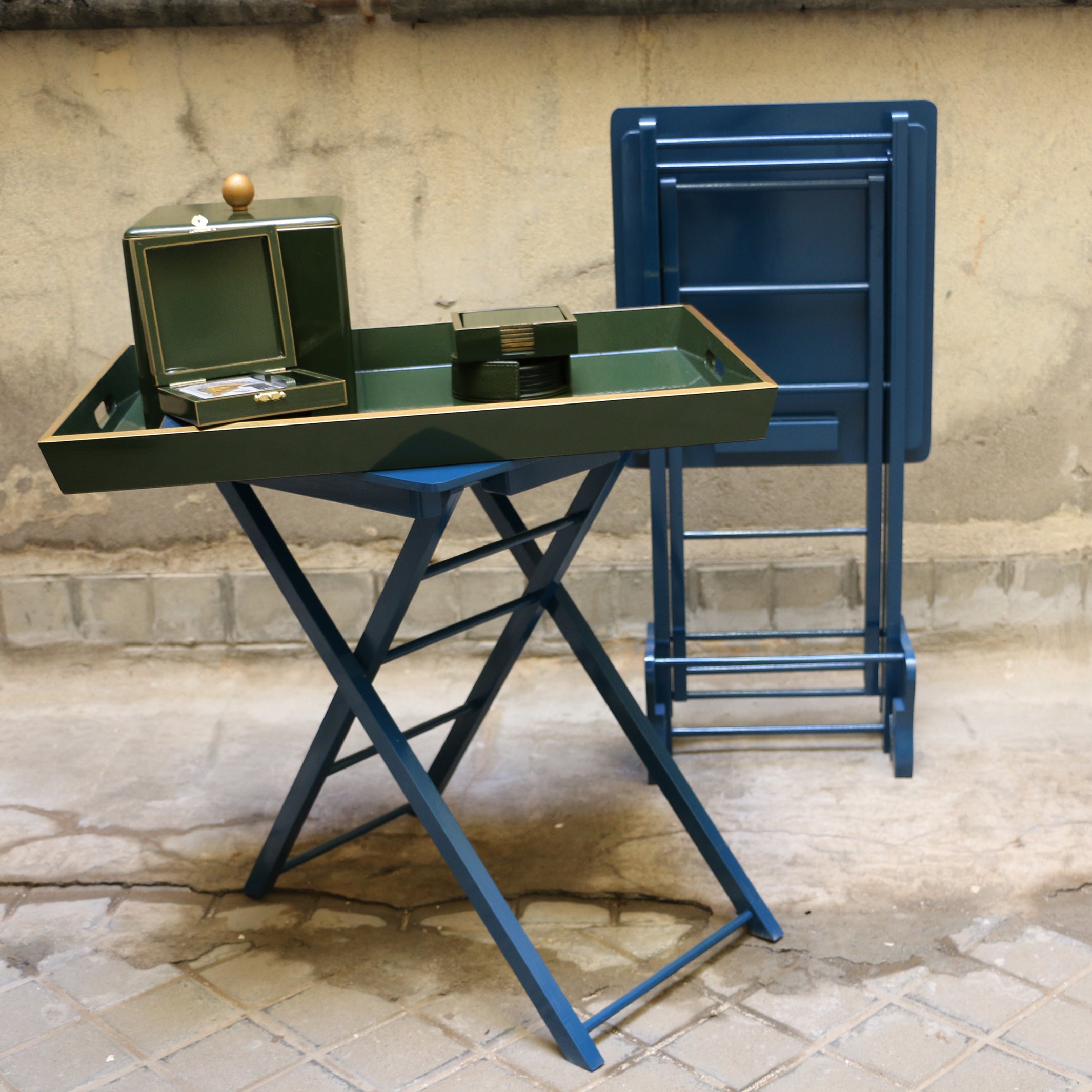 Lacquered Tray, Ice Bucket and Coaster Set - Green