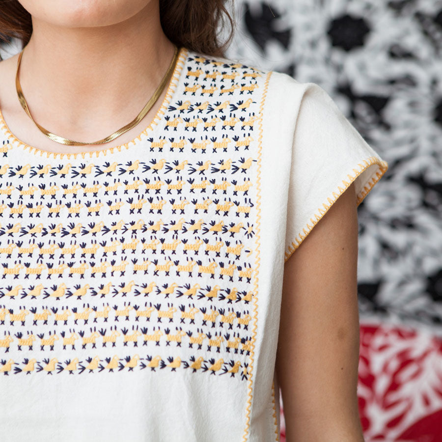 Embroidered Blouse - Blue / Mustard